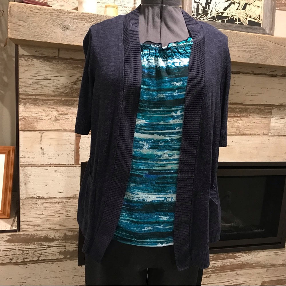 CJ Banks 2-in-1 Cardigan/shell one-piece, 2XL.  Navy cardigan, teal faux-shell